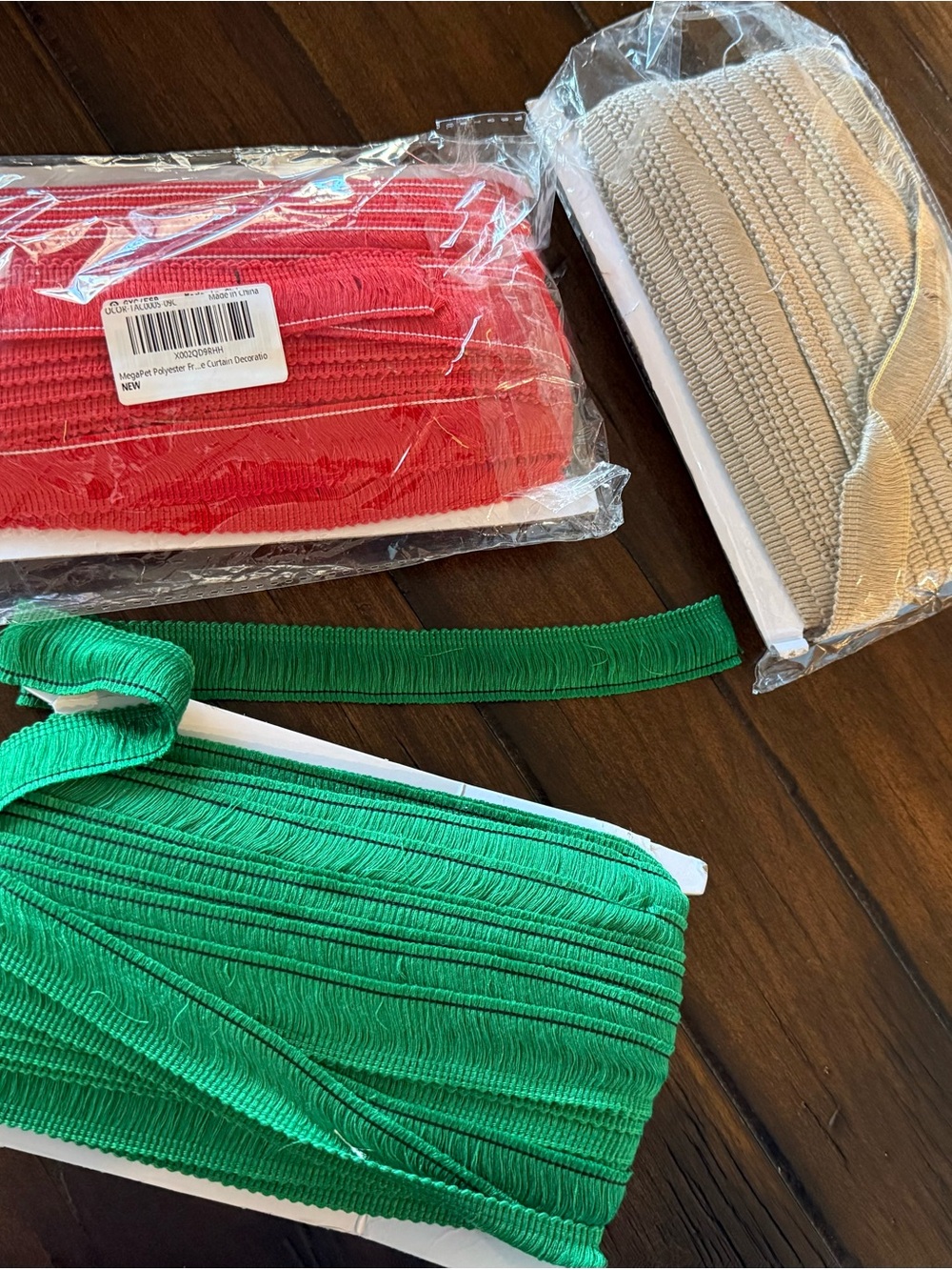 Lot of 3 Holiday colors Fringed Trim - Green, Red & Tan.